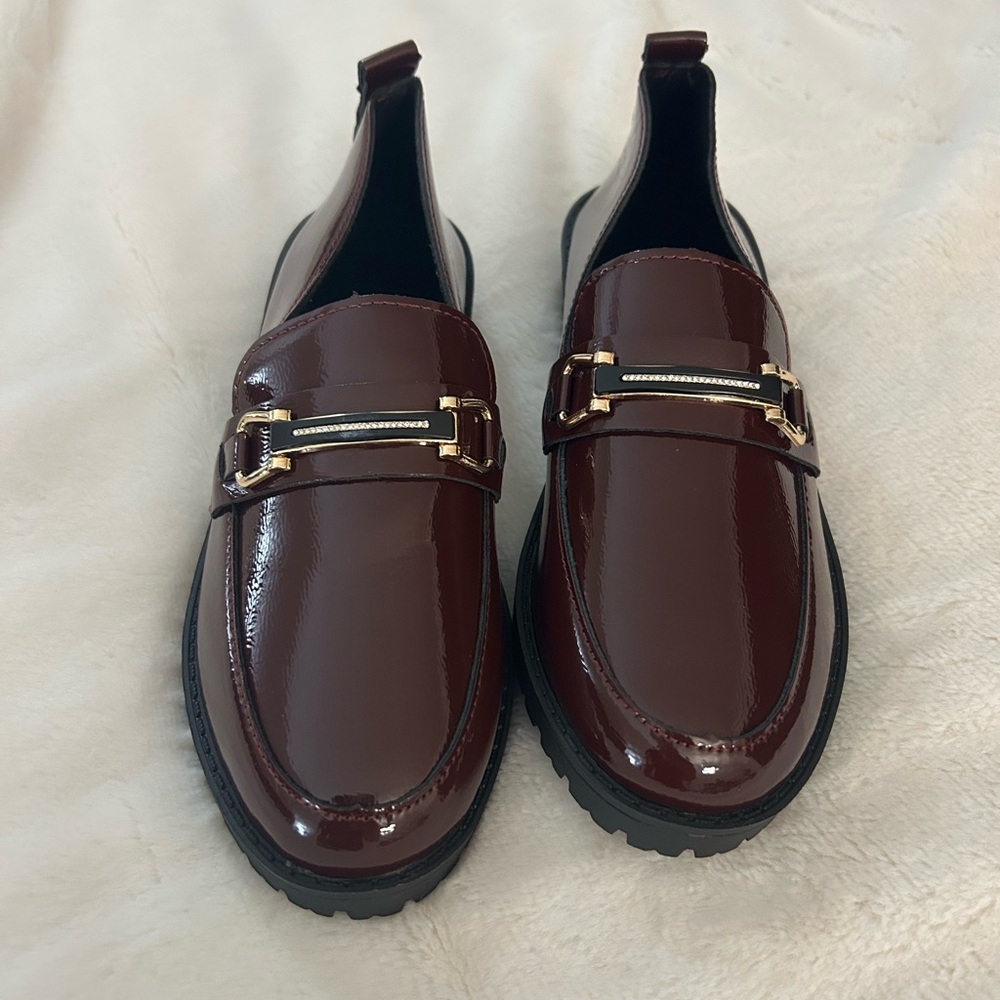 Glossy Brown Loafers with Gold Buckle